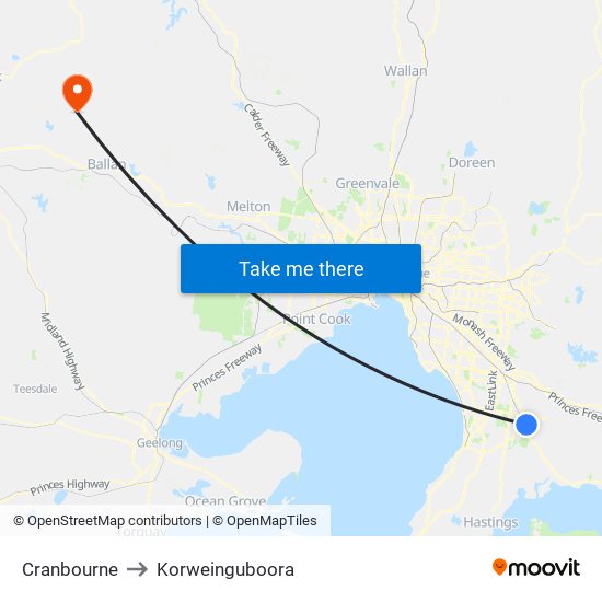 Cranbourne to Korweinguboora map