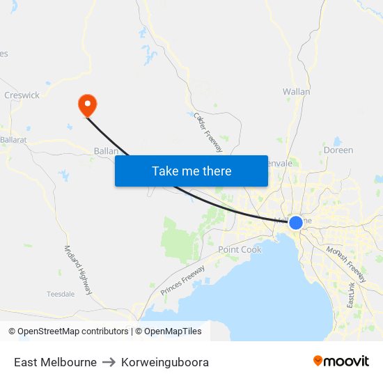 East Melbourne to Korweinguboora map