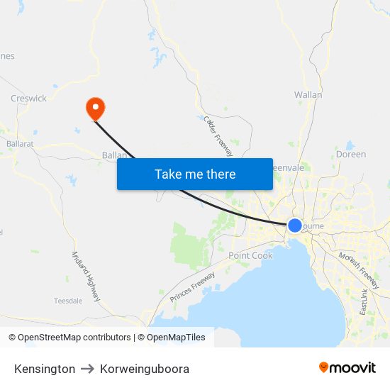 Kensington to Korweinguboora map