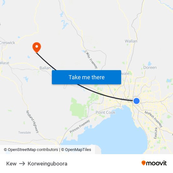 Kew to Korweinguboora map