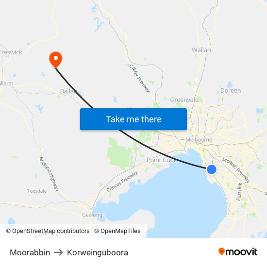 Moorabbin to Korweinguboora map