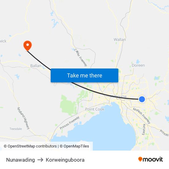 Nunawading to Korweinguboora map