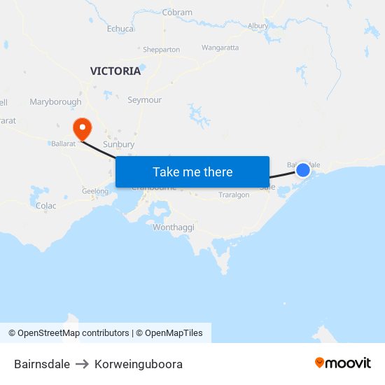 Bairnsdale to Korweinguboora map