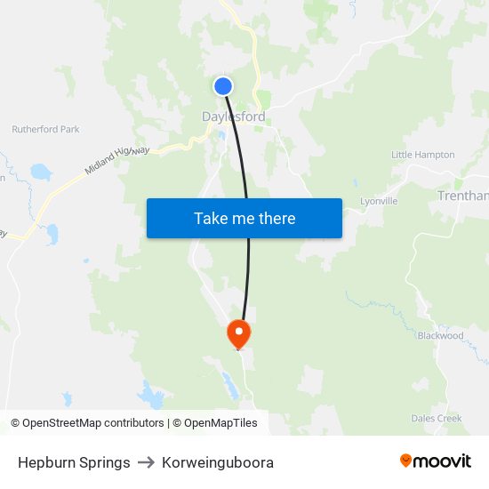 Hepburn Springs to Korweinguboora map