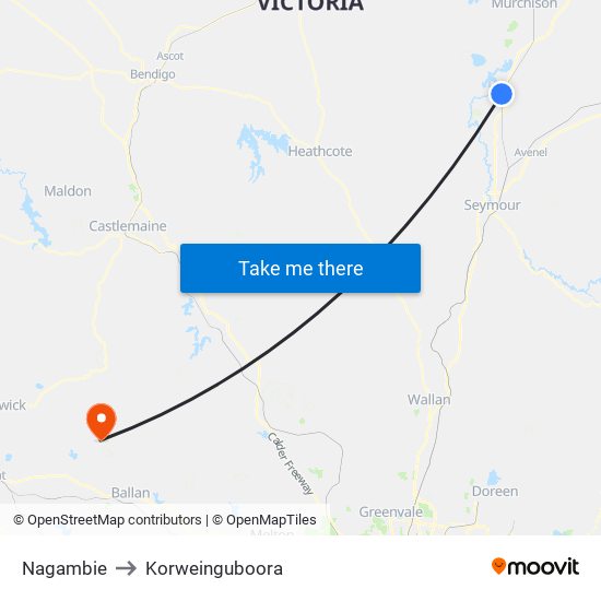 Nagambie to Korweinguboora map