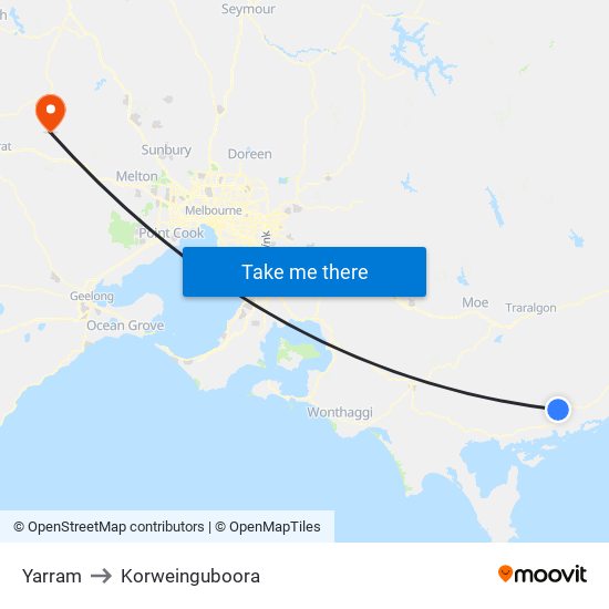 Yarram to Korweinguboora map