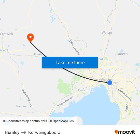 Burnley to Korweinguboora map