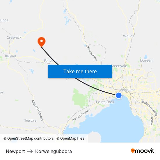 Newport to Korweinguboora map