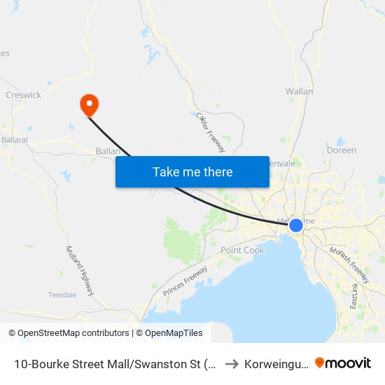 10-Bourke Street Mall/Swanston St (Melbourne City) to Korweinguboora map