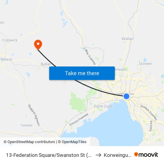 13-Federation Square/Swanston St (Melbourne City) to Korweinguboora map