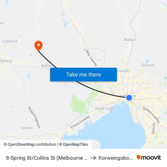 8-Spring St/Collins St (Melbourne City) to Korweinguboora map