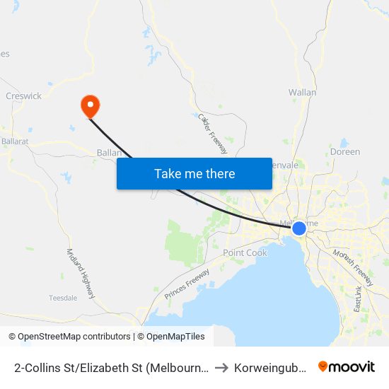 2-Collins St/Elizabeth St (Melbourne City) to Korweinguboora map
