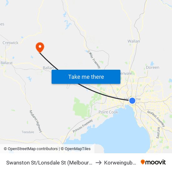 Swanston St/Lonsdale St (Melbourne City) to Korweinguboora map