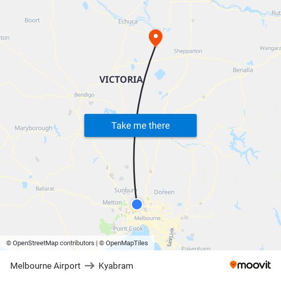 Melbourne Airport to Kyabram map