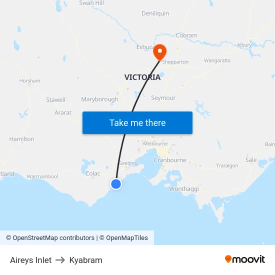 Aireys Inlet to Kyabram map