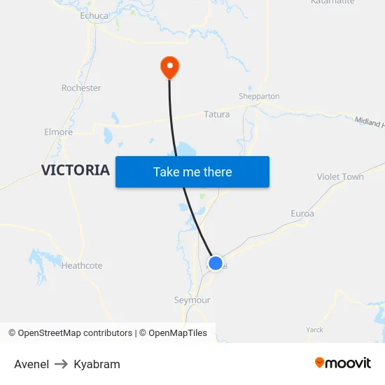 Avenel to Kyabram map