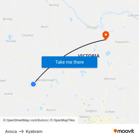 Avoca to Kyabram map