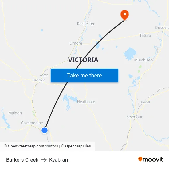 Barkers Creek to Kyabram map
