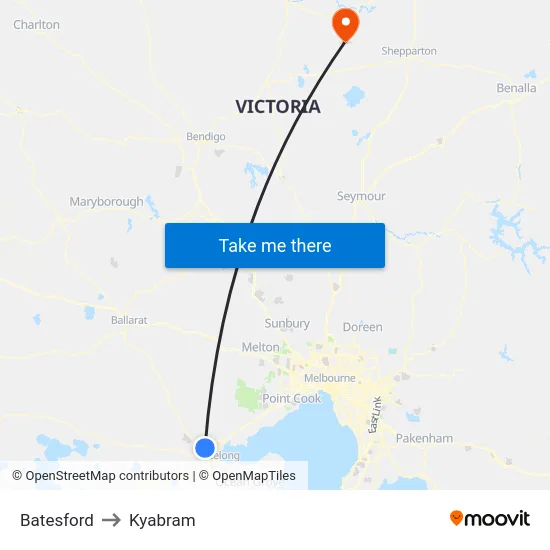 Batesford to Kyabram map