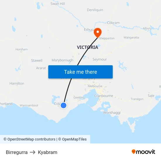 Birregurra to Kyabram map