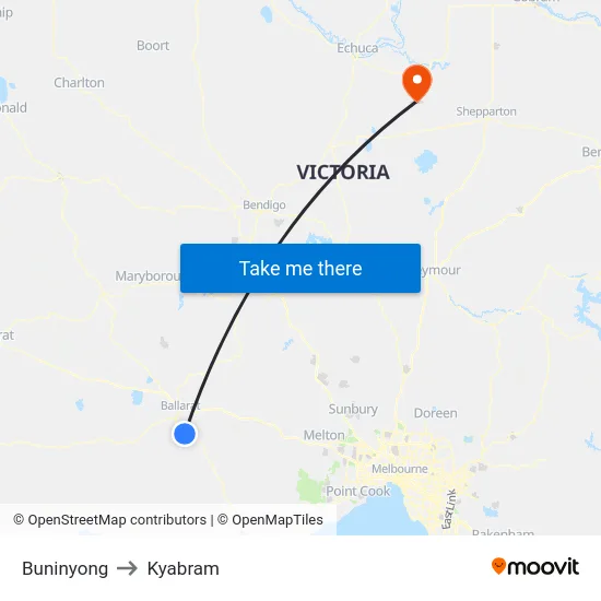 Buninyong to Kyabram map
