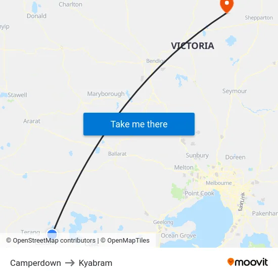 Camperdown to Kyabram map