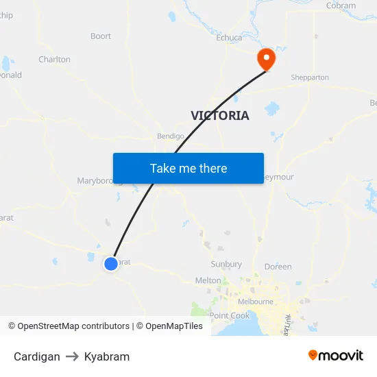 Cardigan to Kyabram map