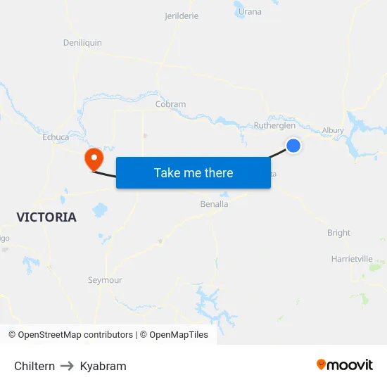 Chiltern to Kyabram map
