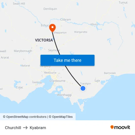 Churchill to Kyabram map
