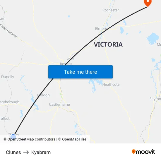 Clunes to Kyabram map