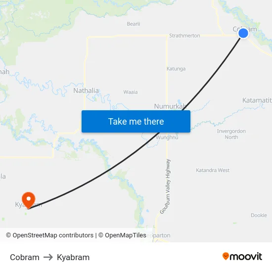 Cobram to Kyabram map