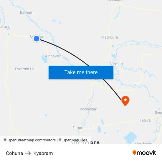 Cohuna to Kyabram map