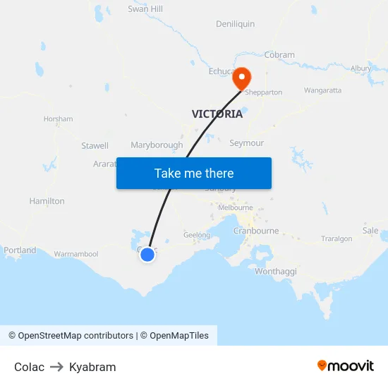 Colac to Kyabram map