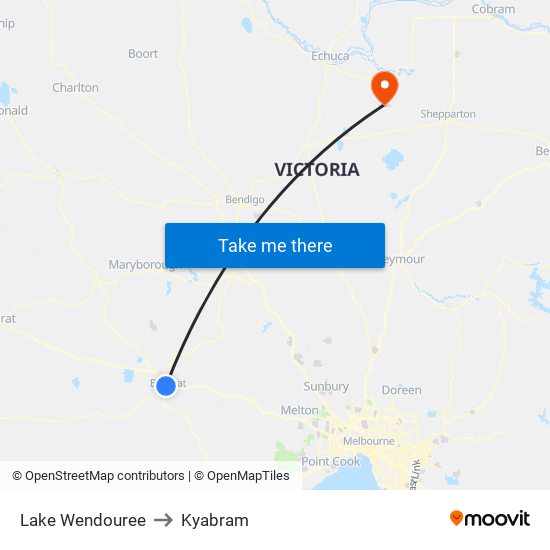 Lake Wendouree to Kyabram map