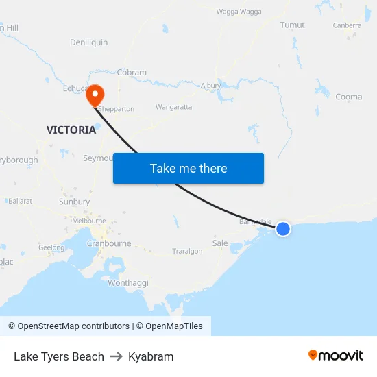 Lake Tyers Beach to Kyabram map