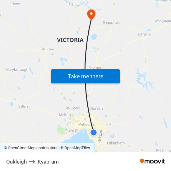Oakleigh to Kyabram map