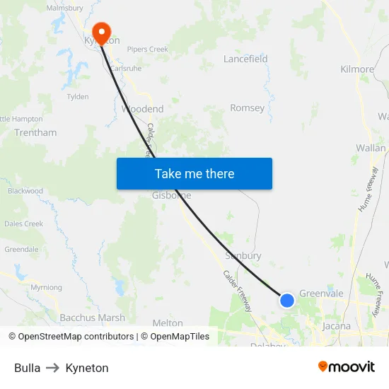 Bulla to Kyneton map