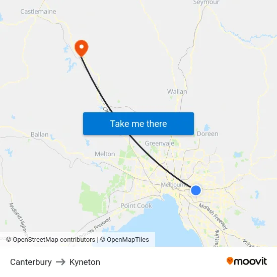 Canterbury to Kyneton map