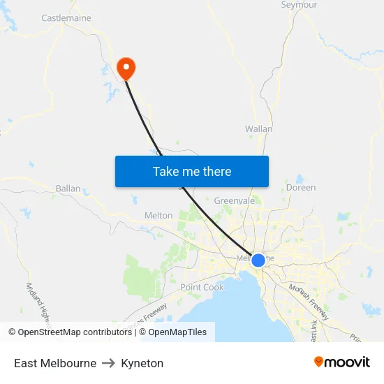 East Melbourne to Kyneton map