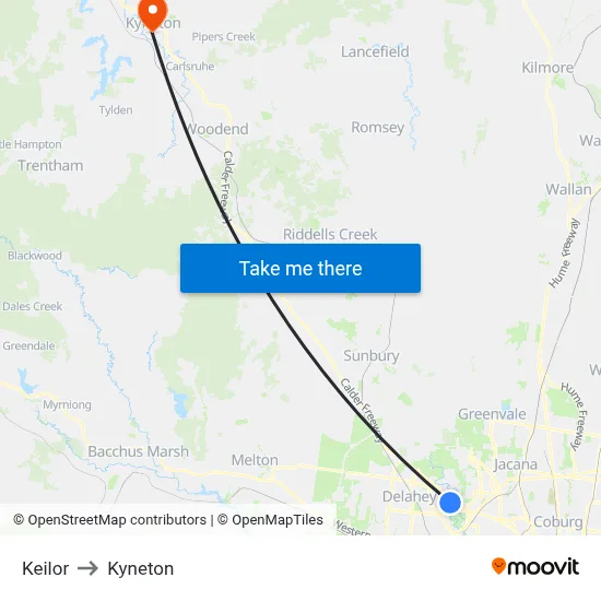Keilor to Kyneton map