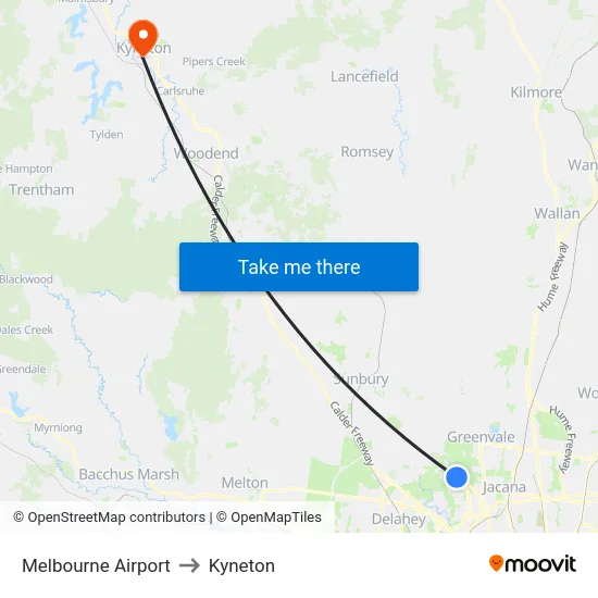 Melbourne Airport to Kyneton map