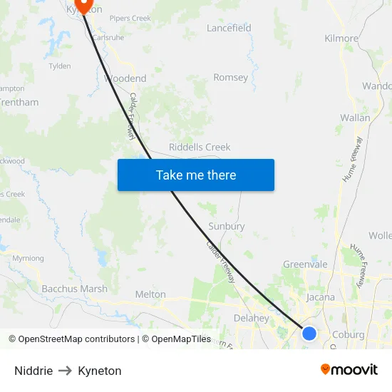 Niddrie to Kyneton map