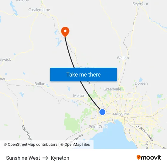 Sunshine West to Kyneton map
