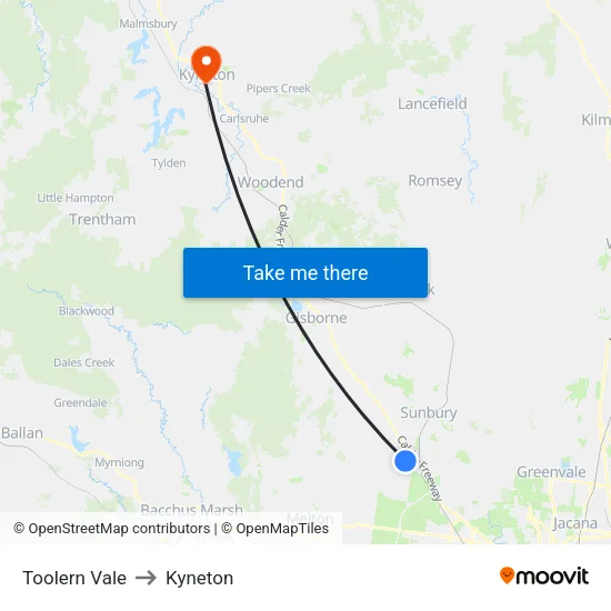 Toolern Vale to Kyneton map