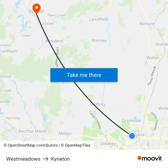 Westmeadows to Kyneton map