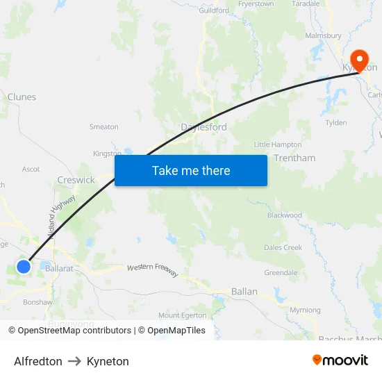 Alfredton to Kyneton map
