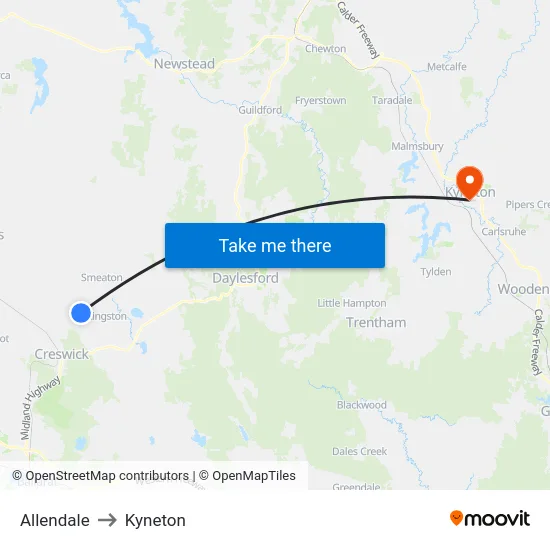 Allendale to Kyneton map