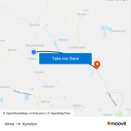 Alma to Kyneton map