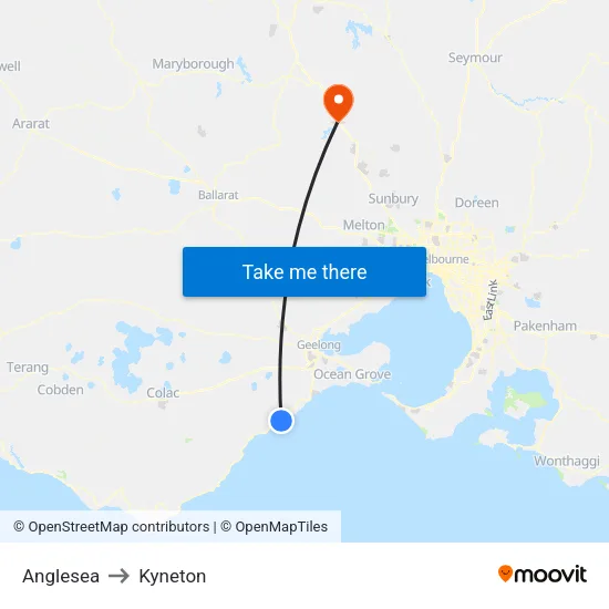 Anglesea to Kyneton map