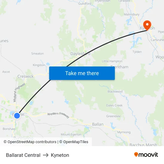 Ballarat Central to Kyneton map